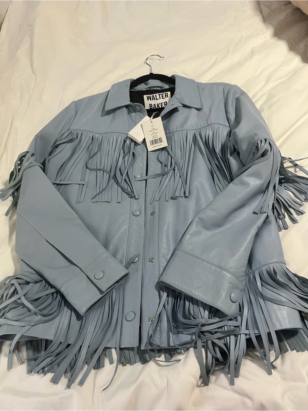 Walter Baker Powder Blue Fringe Leather Jacket - Picture 1 of 3